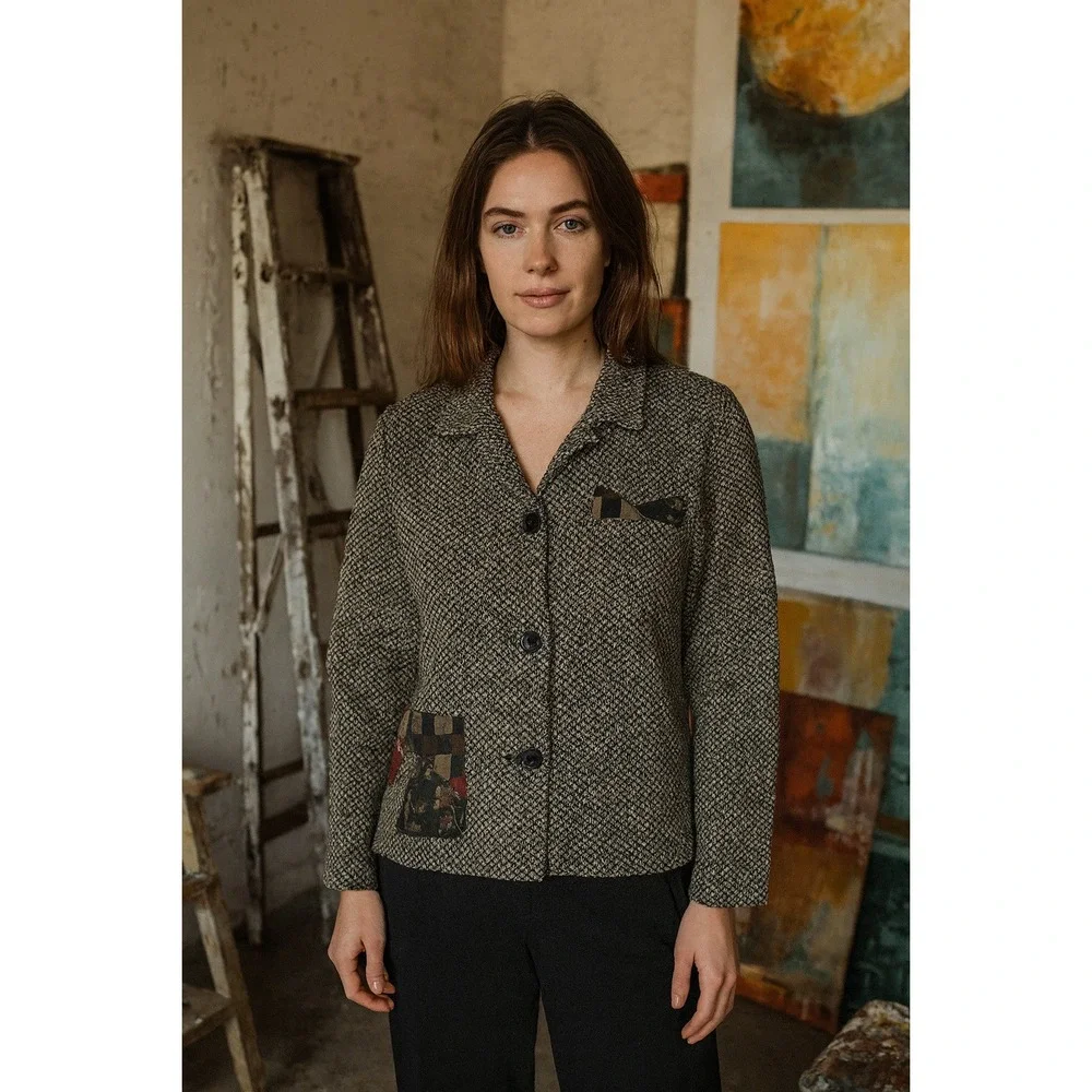 BETS Wool Tweed Jacket Womens Medium Blazer Artsy Button Front Black‎ & Brown